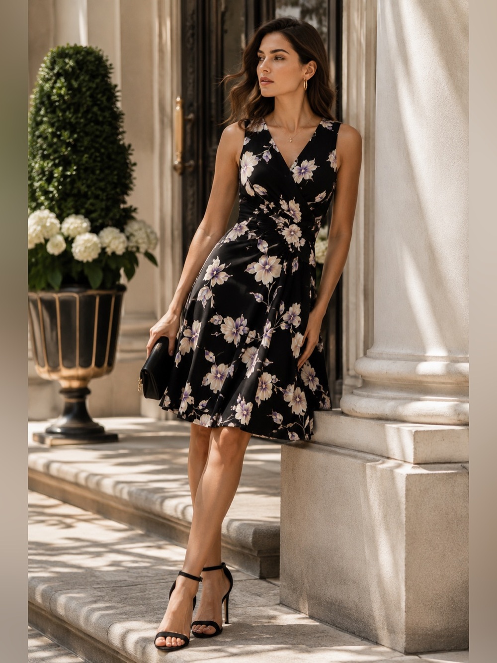 LAUREN RALPH LAUREN $165 Black Floral Surplice Jersey Dress Sz 10 A-Line Midi
